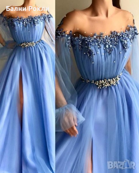 Бална рокля от тюл с ръчно пришити 3 Д цветя в морско синьо, снимка 1