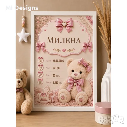 Bestseller - Бебешка визитка с мече за момче или момиче с рождени данни, снимка 3 - Други - 56121237