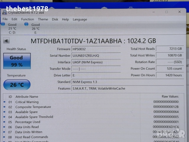 1TB SSD NVMe Gen3x4 99% Здраве/Micron 2300 MTFDHBA1T0TDV, снимка 3 - Твърди дискове - 53613825
