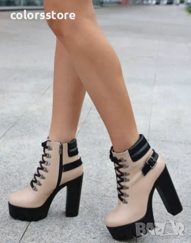 Боти на ток - бежова кожа с черно ходило - BT14