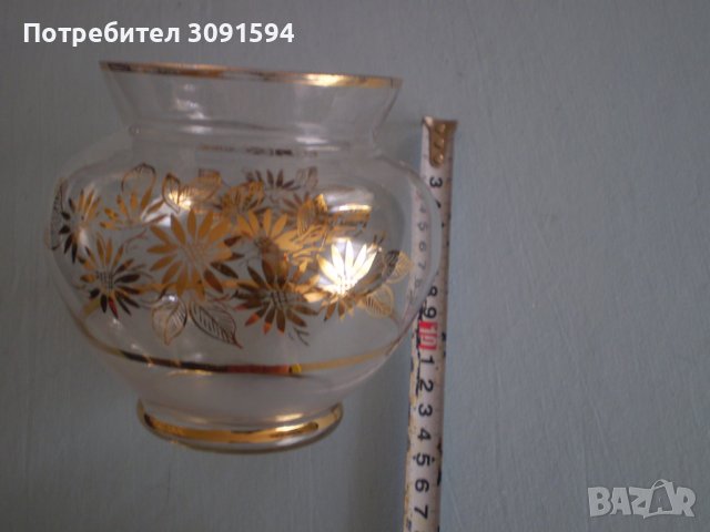 Винтидж стара ръчно изработена стъклена ваза златни цветя прозрачна, снимка 5 - Други ценни предмети - 40040323