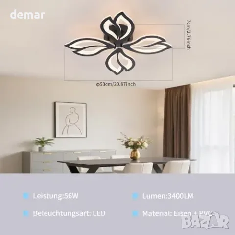 56W LED таванен полилей с цветя/листенца, 3000–6000K и димиране с дистанционно, снимка 3 - Полилеи - 55827427