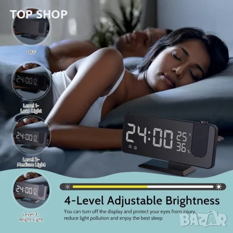 Прожекционен будилник LED дигитален,FM радио,температура и влажност,USB порт за зареждане,огледален, снимка 3 - Друга електроника - 48804898