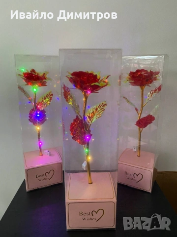 ВИСОКА 40СМ!Златна роза Golden Rose 24k Rainbow, LED Лента, Светеща, Кутия, снимка 3 - Подаръци за жени - 53495714