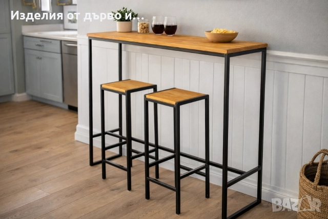 Бар маса с два стола метал и масив дърво стилна и здрава , снимка 4 - Маси - 52896181