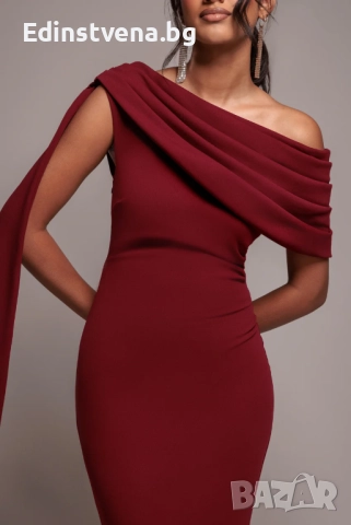 Дамска дълга рокля в цвят бордо с голо рамо и елегантна драперия, снимка 3 - Рокли - 52391925
