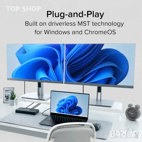 Plugable USB C докинг станция с 2 HDMI порта 4K 60Hz,65W,1xUSB-C,3xUSB, снимка 4 - Захранвания и кутии - 49437238