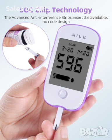 AILE Комплект за измерване на кръвна захар: 50 тест ленти и ланцети, снимка 3 - Друга електроника - 44616171