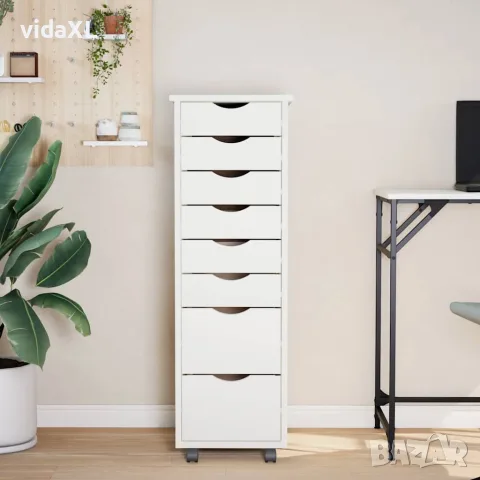 vidaXL Шкаф с чекмеджета на колелца MOSS, бял, бор масив, снимка 3 - Шкафове - 56147342