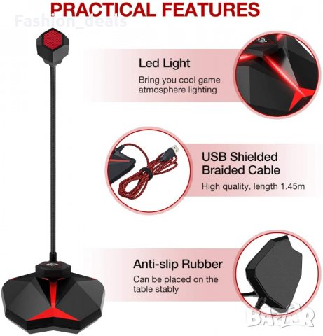Нов професионален PC настолен кондензаторен микрофон с LED светлина, снимка 3 - Микрофони - 33789136