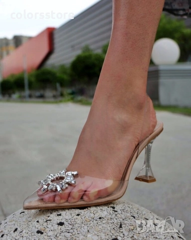 Сандали на ток - прозрачен силикон с бежов акцент - 8020

