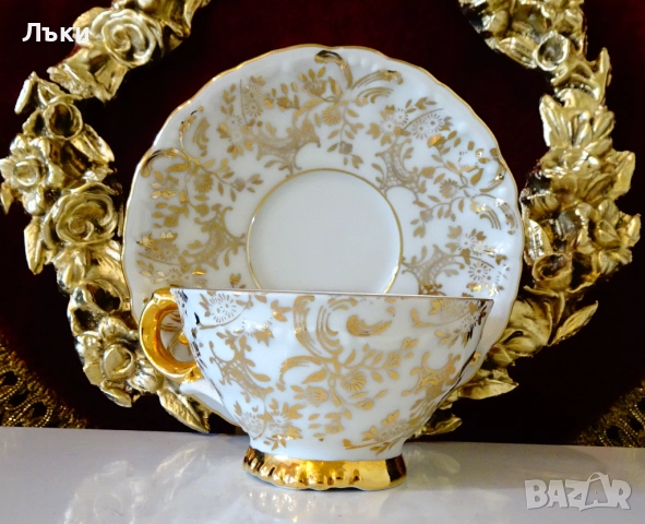 Чаша с чиния,баварски костен порцелан,злато,барок. , снимка 3 - Антикварни и старинни предмети - 52267410