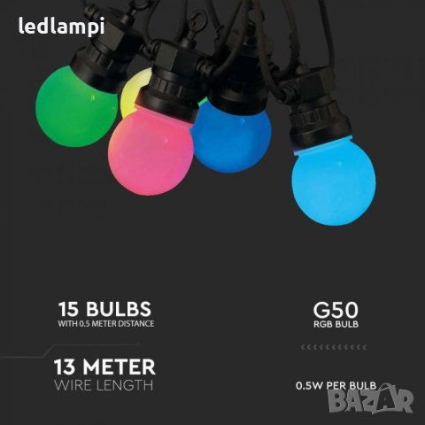 Кабел С Поредица От 15лампи RGB 13m Дистанционно IP44, снимка 2 - Външни лампи - 42340407