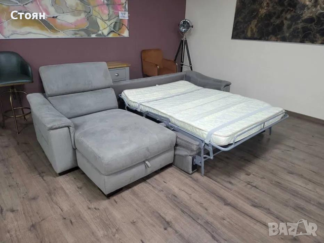 Сив ъглов диван от плат с функция сън и ракла и подвижни облегалки, снимка 8 - Дивани и мека мебел - 44606187