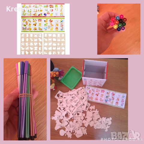 Детски комплект за рисуване с много формички от дърво с книжка и фулмастри