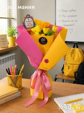 💗💛 Бутиков оригинален букет за ученици/учители , снимка 2 - Ръчно изработени сувенири - 55838205