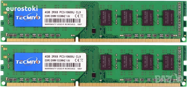 Комплект Ram памет TECMIYO DDR3 1333MHz UDIMM RAM 8GB (2 x 4GB), DDR3 PC3-10600U 240-пинов Non-ECC , снимка 1