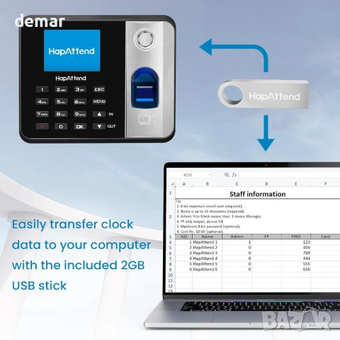 H1 Машина за отчитане на работно време, скенер за пръстови отпечатъци, 5 RFID карти, снимка 6 - Друга електроника - 53647466