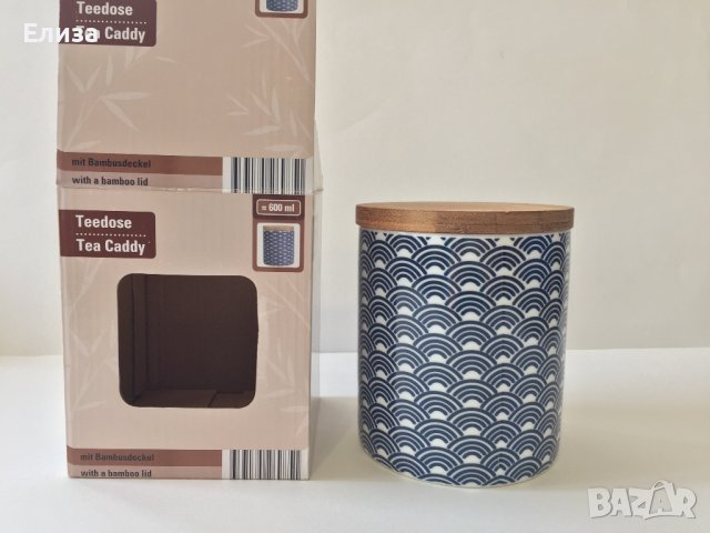 Кутия за чай от порцелан с бамбуков капак, снимка 1 - Кутии за съхранение - 40954000