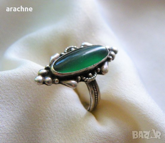 Голям антикварен ръчнокован сребърен пръстен с империал жадеит, снимка 3 - Пръстени - 42368044