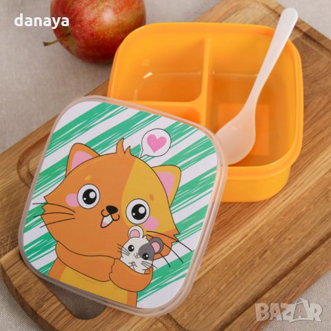 2401 Детска кутия за обяд с три отделения и лъжичка Панда/Коте, снимка 4 - Кутии за храна - 34074544