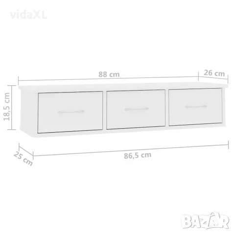 vidaXL Стенен рафт с чекмеджета, бял, 88x26x18,5 см, инженерно дърво, снимка 8 - Етажерки - 56147678