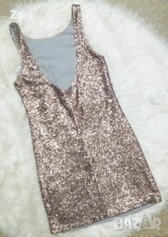 ВПЕЧАТЛЯВАЩА парти мини рокля цялата в медно-златисти пайети , снимка 3 - Рокли - 41772130