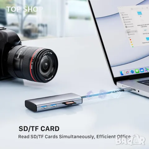 CreaBivotion USB C хъб, 8 в 1 адаптер, докинг станция за лаптоп с HDMI, SD/TF, 4 USB 3.0 порта, снимка 2 - Кабели и адаптери - 49451750