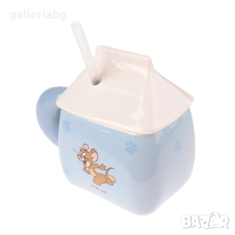 Керамична чаша Tom & Jerry – котка и мишка, квадратна чаша за мляко със сламка, 200 мл 🥛, снимка 3 - Чаши - 52680080