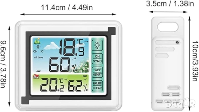 Метеорологична станция, 3 безж. предавателя, обхват 60м, LCD екран, снимка 6 - Друга електроника - 51033365