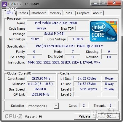 ЧИСТО НОВ Процесор Intel Core 2 Duo T9600 2х 2.80Ghz 6M Socket P slg9f, снимка 5 - Части за лаптопи - 39923017