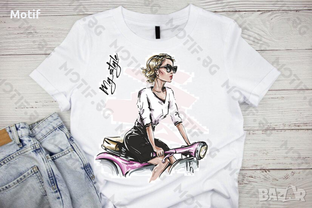 Дамска тениска Motif с цветна щампа Lady Fashion / жена на мотор / my style / лято