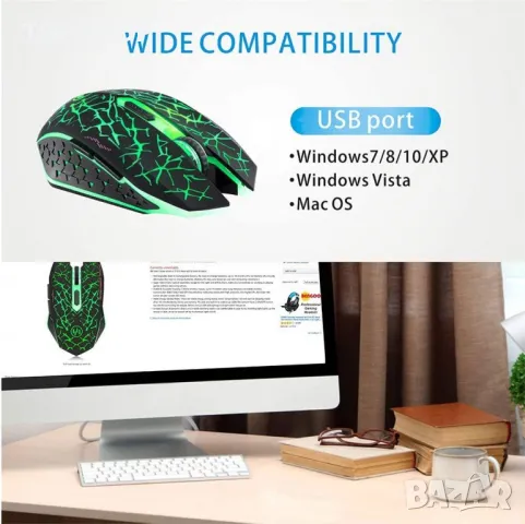 LED оптична гейминг мишка с USB приемник, 3 регулируеми DPI нива и 6 бутона,акумулаторна,безшумна