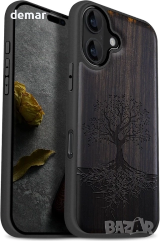 Дървен магнитен калъф Carveit за iPhone 17, гравирано дърво и черен мек TPU