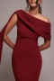 Дамска дълга рокля в цвят бордо с голо рамо и елегантна драперия, снимка 3