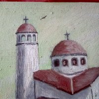 Църквата в Обеля маслена картина платно Аделин Василев , снимка 7 - Картини - 39166633