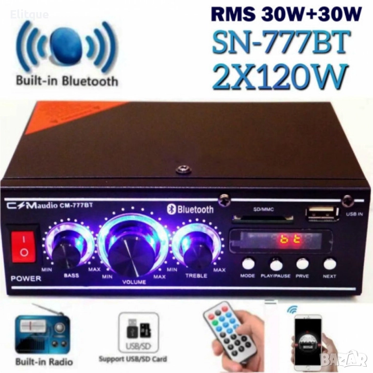 Мощен HiFi усилвател с Мp3, USB, SD, BT и FM радио с дистанционно управление , снимка 1