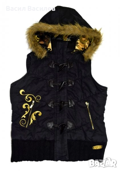 Kani Ladies дамски черен зимен елек подвижна качулка златна бродерия, снимка 1