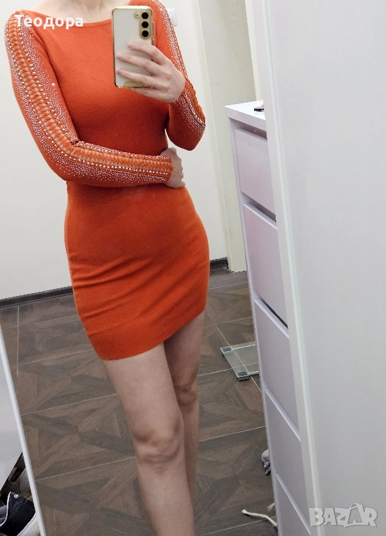 Рокля с дълъг ръкав оранжева S/M, снимка 1
