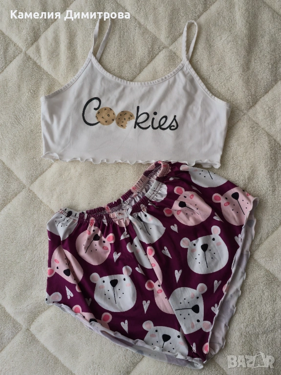 Дамски комплект за вкъщи – топ “Cookies” + къси гащички с мечета, снимка 1