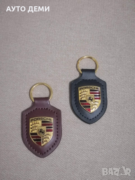 Качествен черен и тъмно- кафяв кожен ключодържател с цветна метална емблема на Порше Porsche, снимка 1