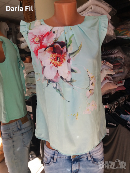 Красив топ с къдрички на раменете в цвят аква, снимка 1