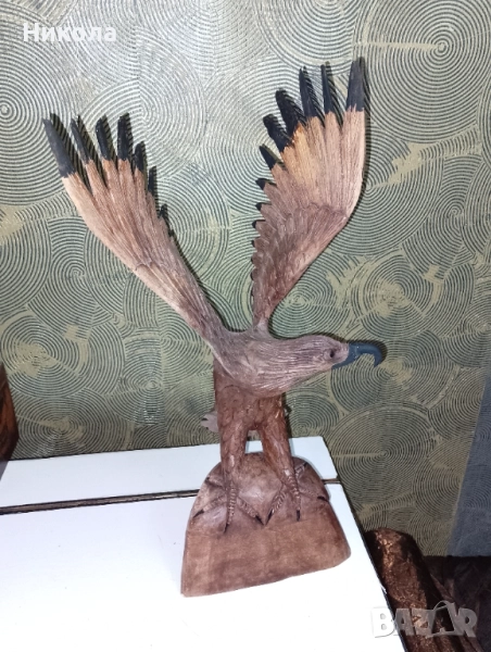 Дърворезбован орел-52см, рогове за вино с поставка, снимка 1