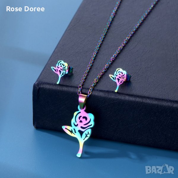 RD 316 Комплект Роза бижута обеци и колие в мултиколор медицинска стомана, снимка 1