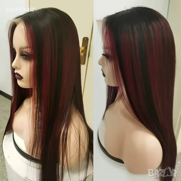 Естествена черна перука с червени кичури и дантела лейс фронт 13X4, снимка 1