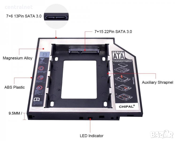 SATA 3.0 2nd HDD Caddy 9,5mm 2.5"Case Hard Disk EnclosureFor Laptop DVD-ROM, снимка 1