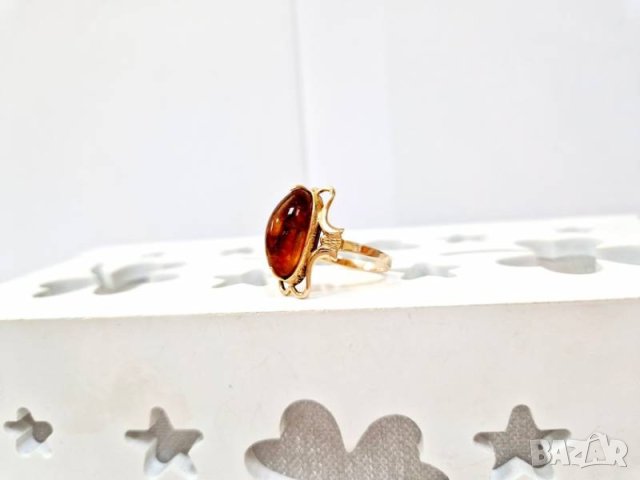 Руски златен пръстен с естествен кехлибар, снимка 3 - Пръстени - 42433573