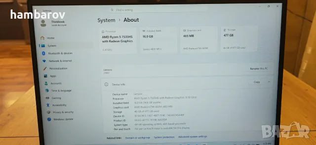 Супер лаптоп Lenovo ThinkBook 14 G7 с 6-ядрен Ryzen5-7535HS 14" FHD, 512GB, 16GB DDR5, 60Wh, Win11 , снимка 3 - Лаптопи за работа - 55946535