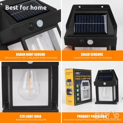 4 броя Външни слънчеви LED стенни лампи със сензор за движение SIWMER, снимка 7 - Лампи за стена - 50161671