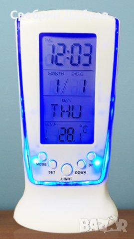 LED будилник със синя подсветка. Електронен календар. Термометър, снимка 2 - Друга електроника - 41972272
